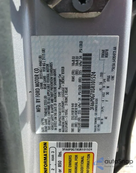 2016 Ford Fusion S z USA, uszkodzony, nr VIN 3FA6P0G7XGR101524